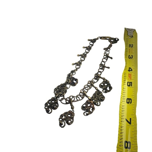 Vintage Brutalist Bronze Statement Necklace Textured Chain Dangle Pendant Choker - Picture 8 of 8